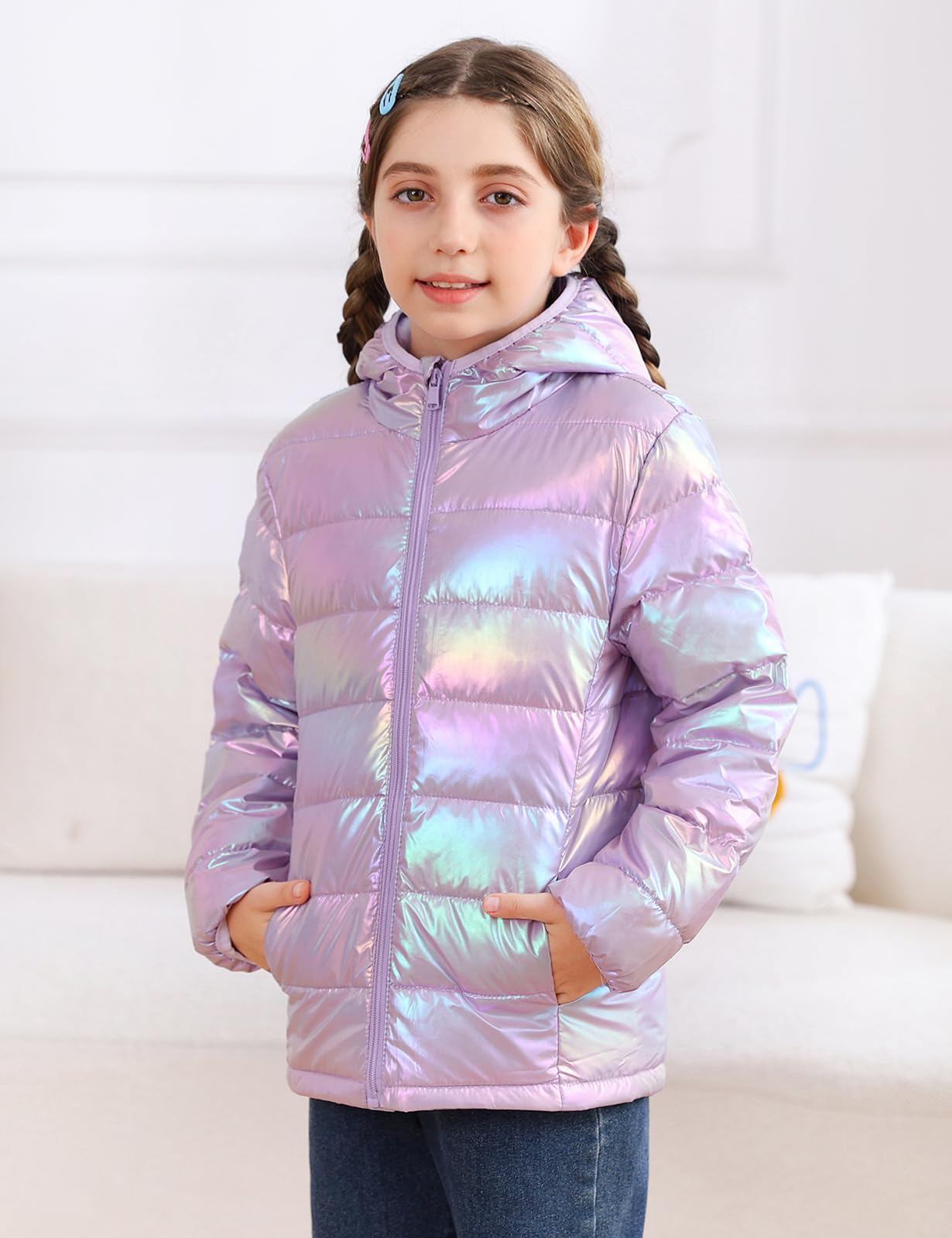 Enlifety Girls Hooded Purple Coat Packable Zip Up Fall Winter Jacket Holographic Metallic Outwear with Pockets for Daughter Granddaughter Size 10-12