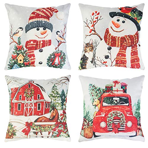 Ouddy Kerst Kussenslopen 18x18 Set van 4, Vintage Boerderij Kerst Decoratieve Glimlach Sneeuwpop Gooi Kussenslopen Linnen Kussensloop voor Bank, Bank, Bed