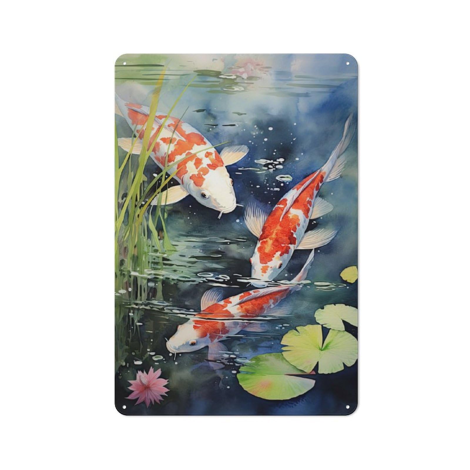 Junmoney Koi Fish Watercolor Garage Style Metal Wall Sign 30X20cm Featuring Garage Wall Decor For Garage, Hobby Room, Office Or Man Cave