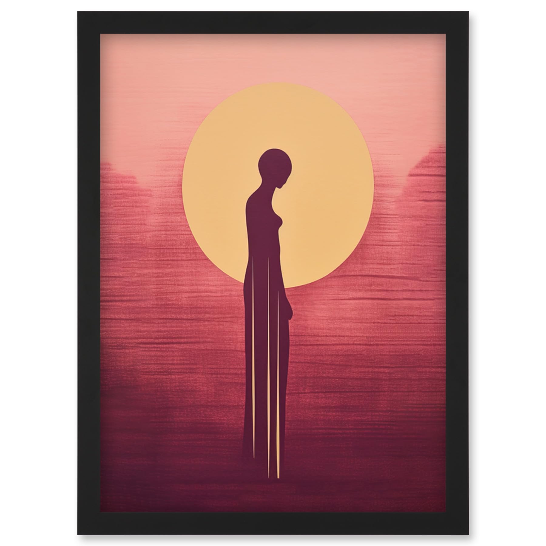Artery8 Sunrise Solitude Minimalist Artwork Plum Pink Gold African Woman Silhouette in Golden Sun Halo Artwork Framed Wall Art Print A4
