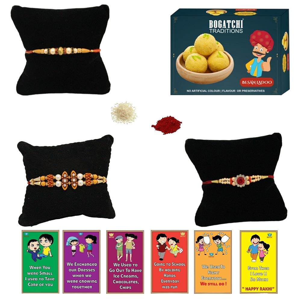 BOGATCHI Rakhi with Sweets, Rakhi for brother with sweets, Rakhi with sweets for brother, Rakhi for brother with gift sweets -Besan Ladoo, 200g + Rakhi Set of 3 +Roli Chawal+ Rakhi Card |BLRKH-3-4-image-33