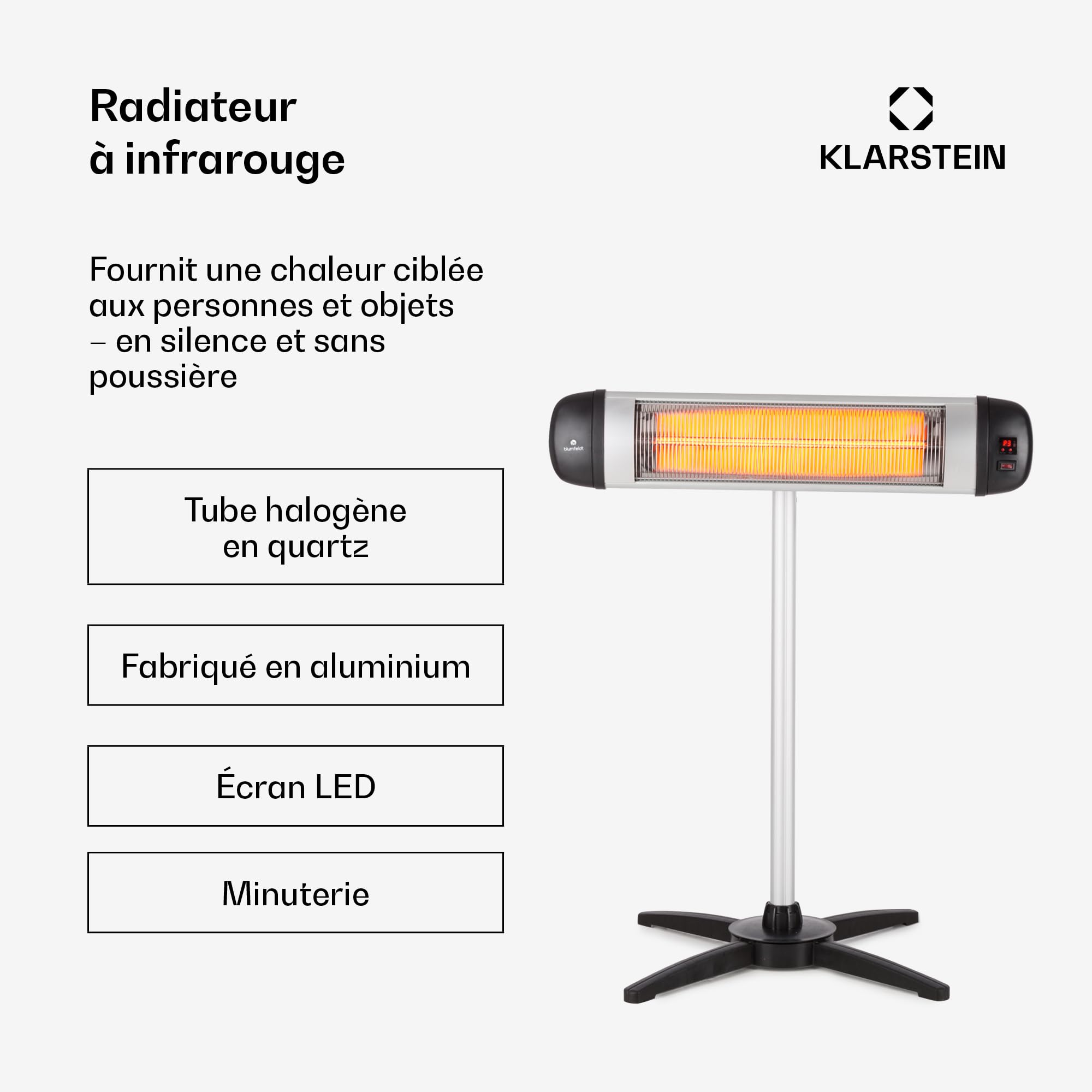Blumfeldt Rising Sun Chauffage d'appoint - Trois réglages de chaleur, Elément chauffant en fibre de carbone, Diffusion de chaleur rapide, Niveau : 850/1650/2500 W, Fonte d'aluminium