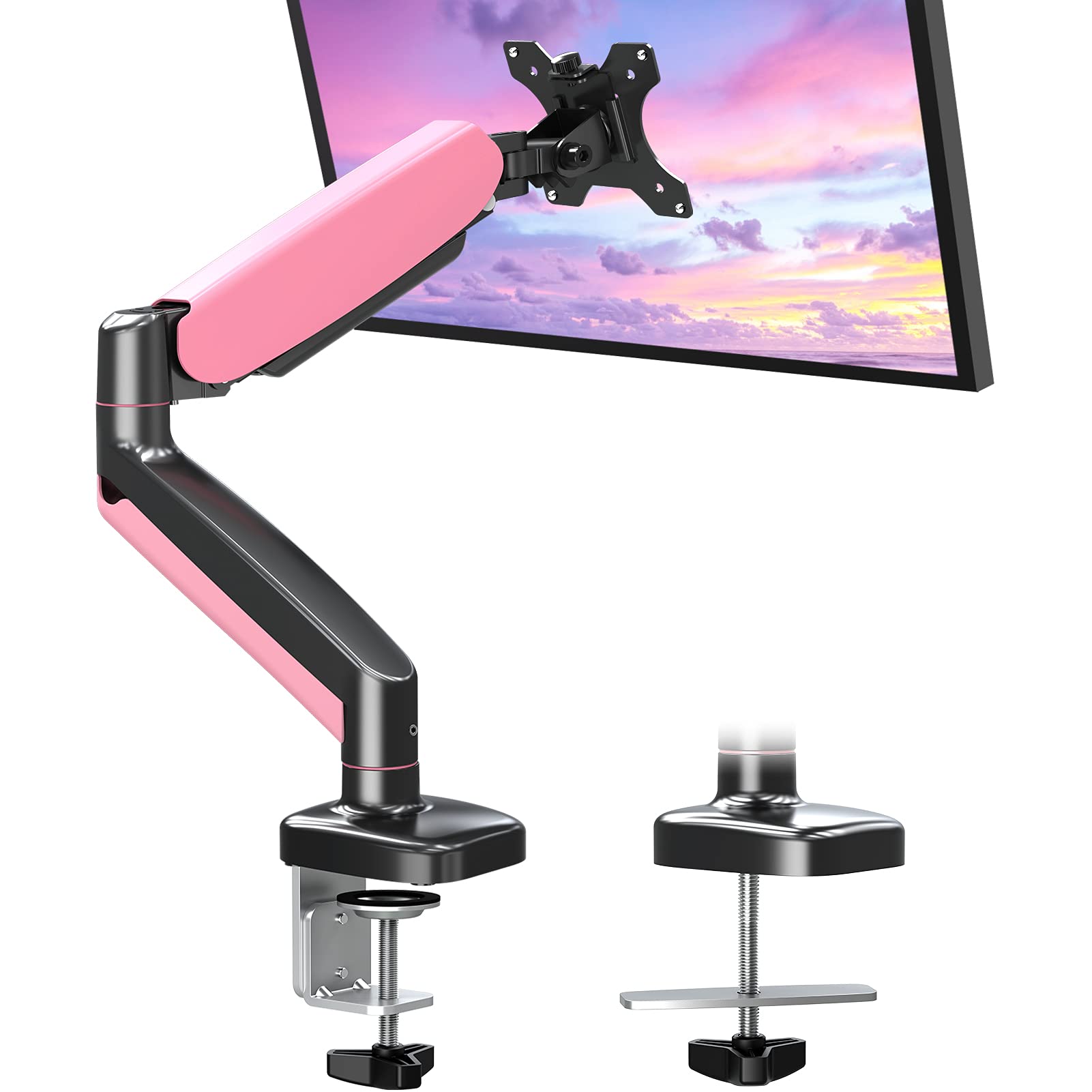 MOUNTUP Single Monitor Desk Mount, Adjustable Gas Spring Monitor Stand for 17-32 Inch Computer Screen, 75x75/100x100 VESA Mount with Clamp, Grommet Mounting Base, Monitor Arm Holds 4.4-17.6lbs, Pink - Pink