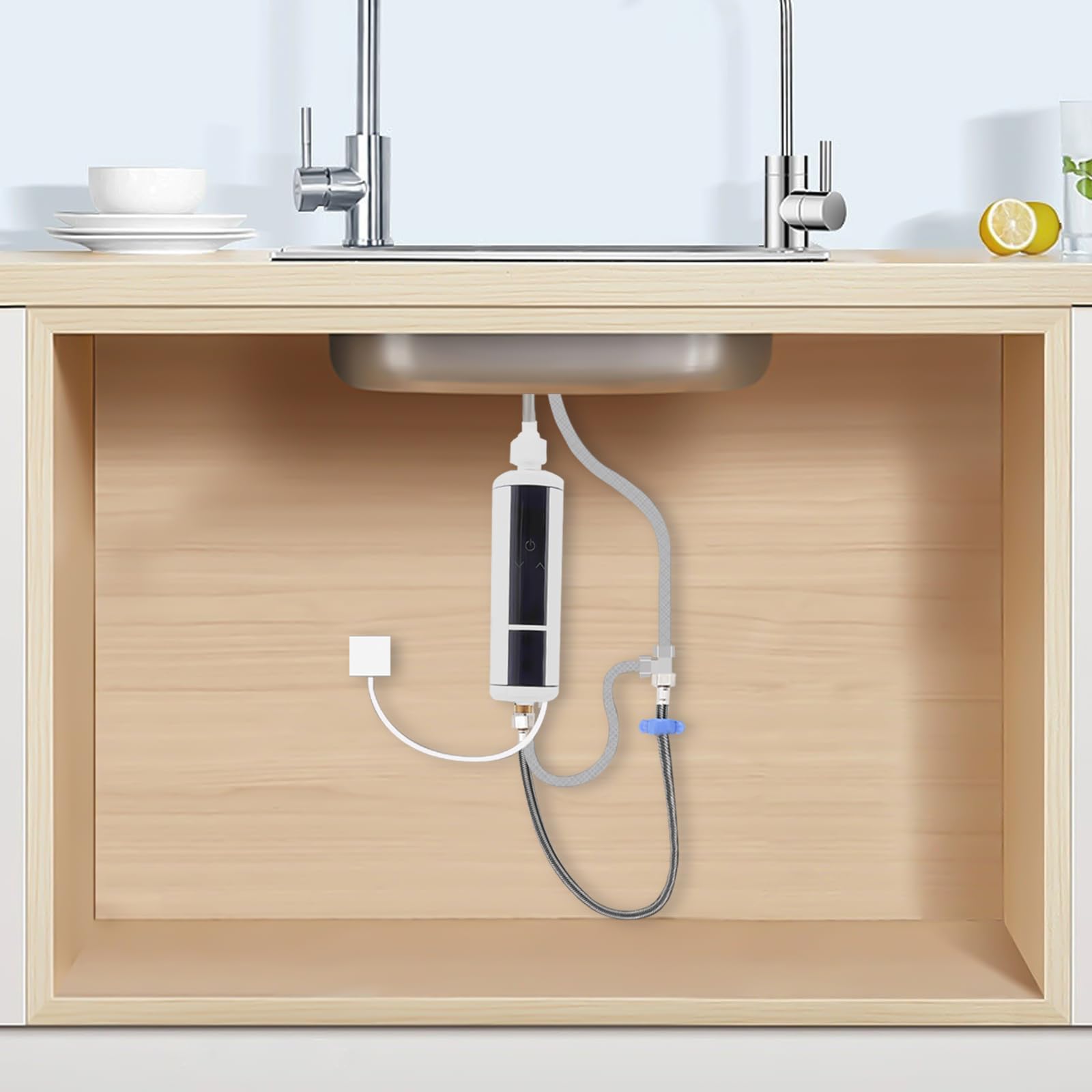Mini podgrzewacz wody 3500 W z wyświetlaczem LCD, elektryczny podgrzewacz wody do prysznica i kuchni, urządzenie podblatowe z regulacją temperatury 30-52°C, ochrona IPX4 zapewnia bezpieczne