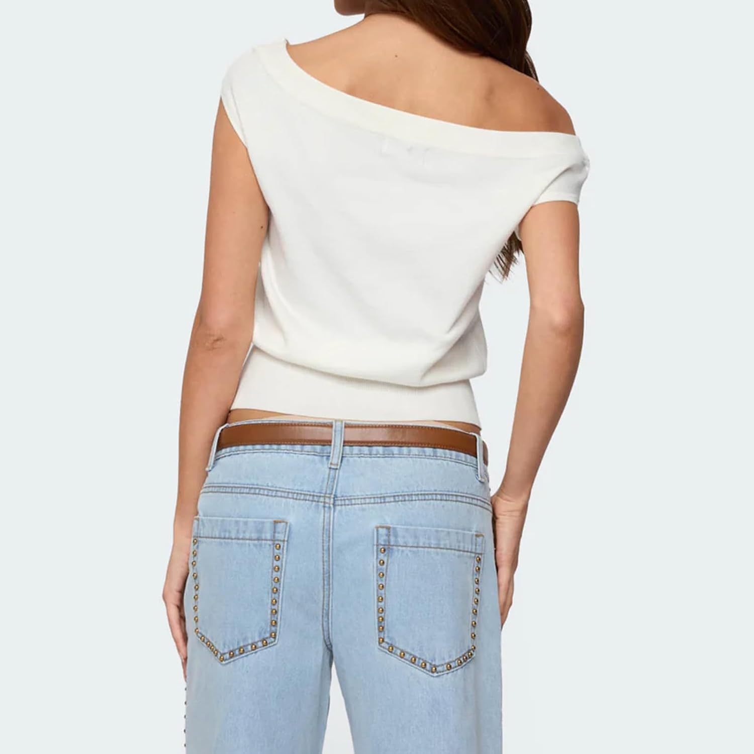 Women Off Shoulder Knitted Top Y2k Fitted Hem Cute Summer Going Out Crop Sweater Tank Tops - Image 4