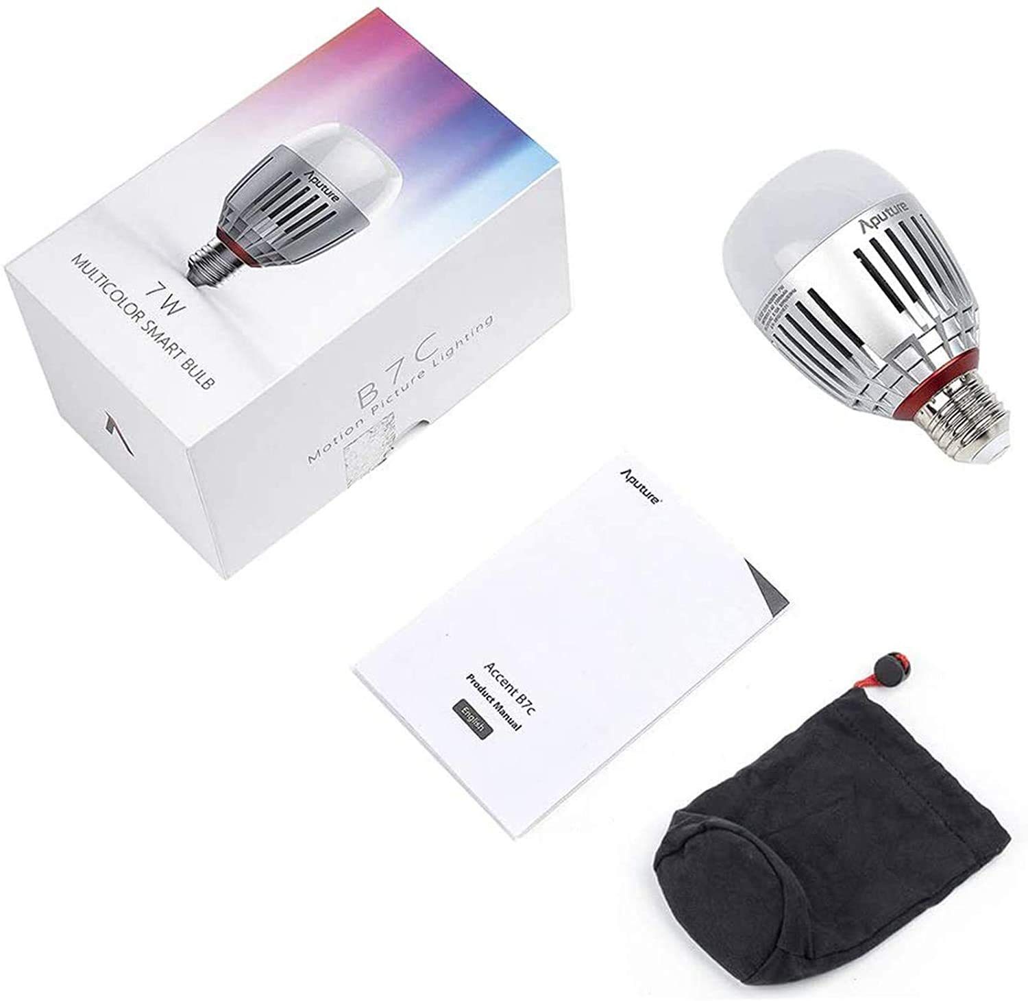 Aputure Accent B7C RGBWW LED Ampoule Intelligente 7W Dimmable 2,000K-10,000K CCT/HSI/FX Mode App Control Batterie intégrée/Alimentation CA Via la Prise E26 / E27