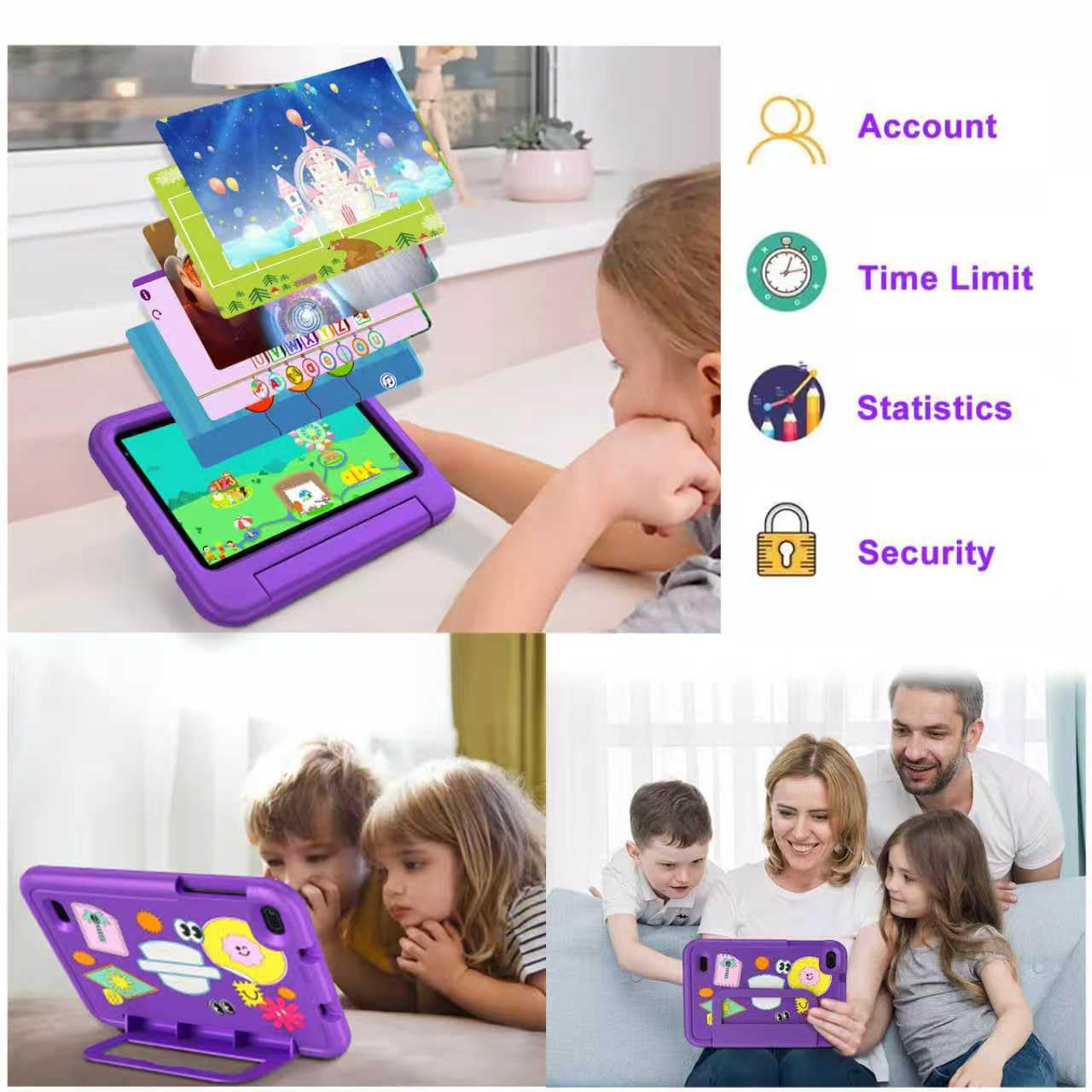 Tablet per Bambini Andorid 14 Tablets 7 Pollici 10GB RAM + 64GB ROM (TF 1TB), 5G WiFi 6, BT5.0, Octa-Core, Controllo Parentale | Doppia Fotocamera | GMS Certificated | GPS | Tablet con Custodia -Viola