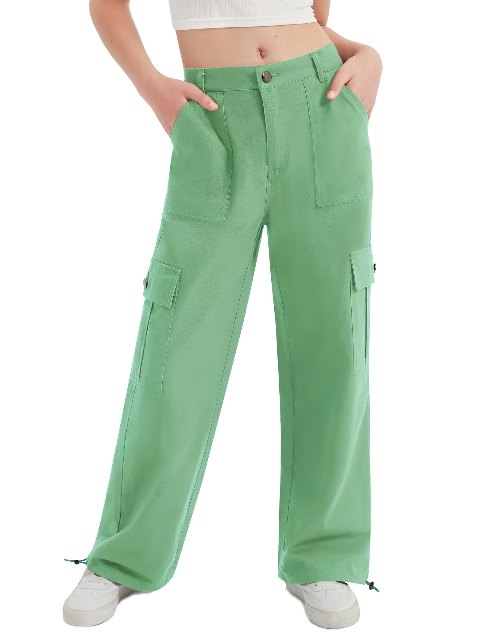 EXARUS Pantalones de mezclilla holgados de pierna ancha para niñas, rectos, holgados, con cintura elástica alta con bolsillos, para jóvenes de 8 a 14 años