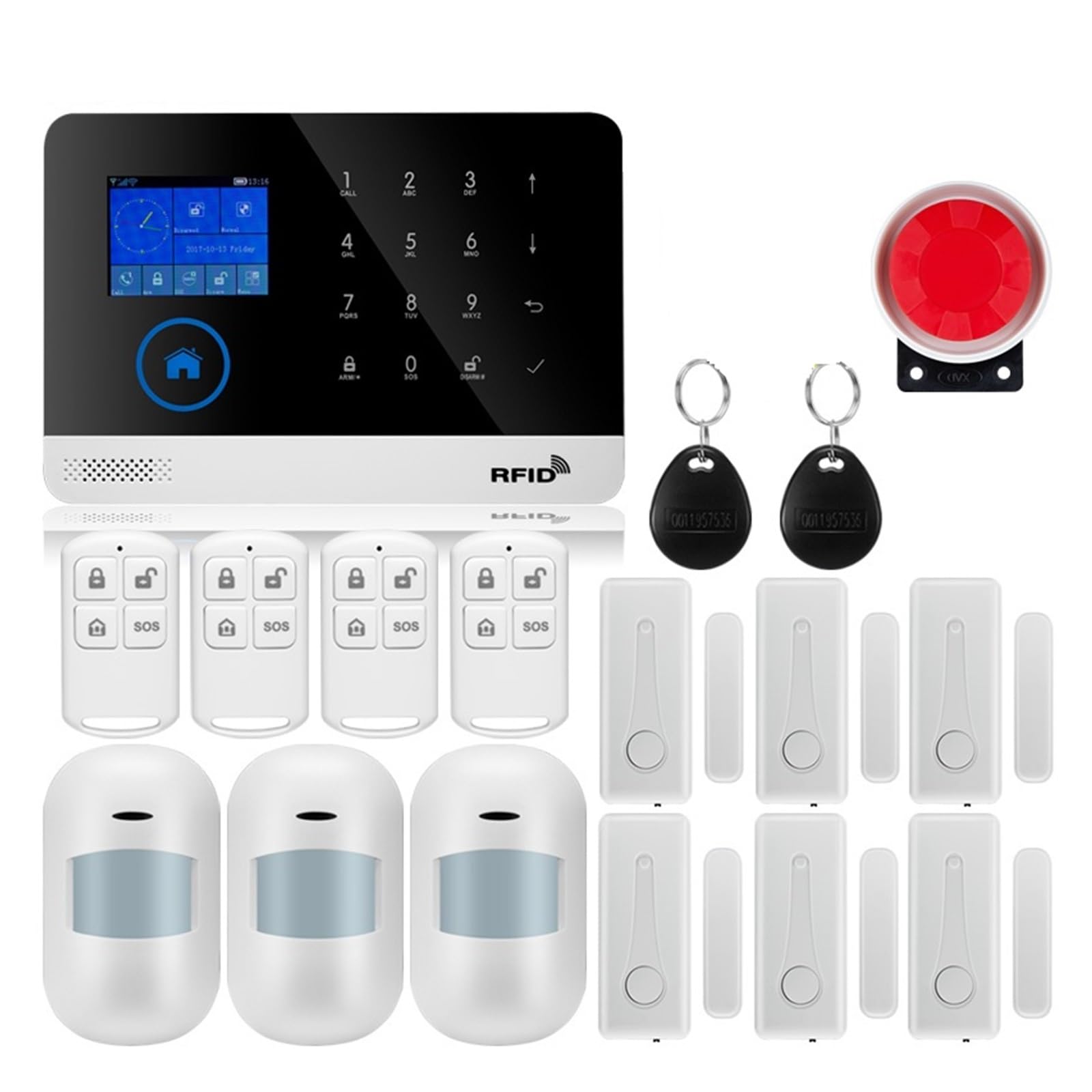 Sistema de Alarma para Casa, Alarma inteligente pantalla TFT de 1.7 pulgadas GSM de alarma de seguridad antirrobo for el hogar Detector de movimiento Control por aplicación Sensor de puerta de humo,p