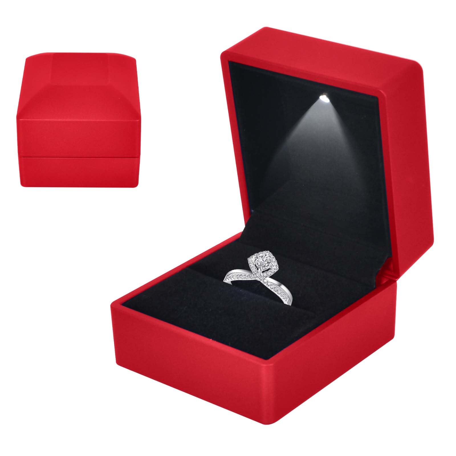 Colexy Red Ring Box With Led Light, Velvet Ring Boxs, Jewelry Display Gift Box With Led Internal Lighting, Led Lighted Up Ring Storage Holder Display Case, For Proposal Engagement Wedding, 5.8*6.3*5Cm,