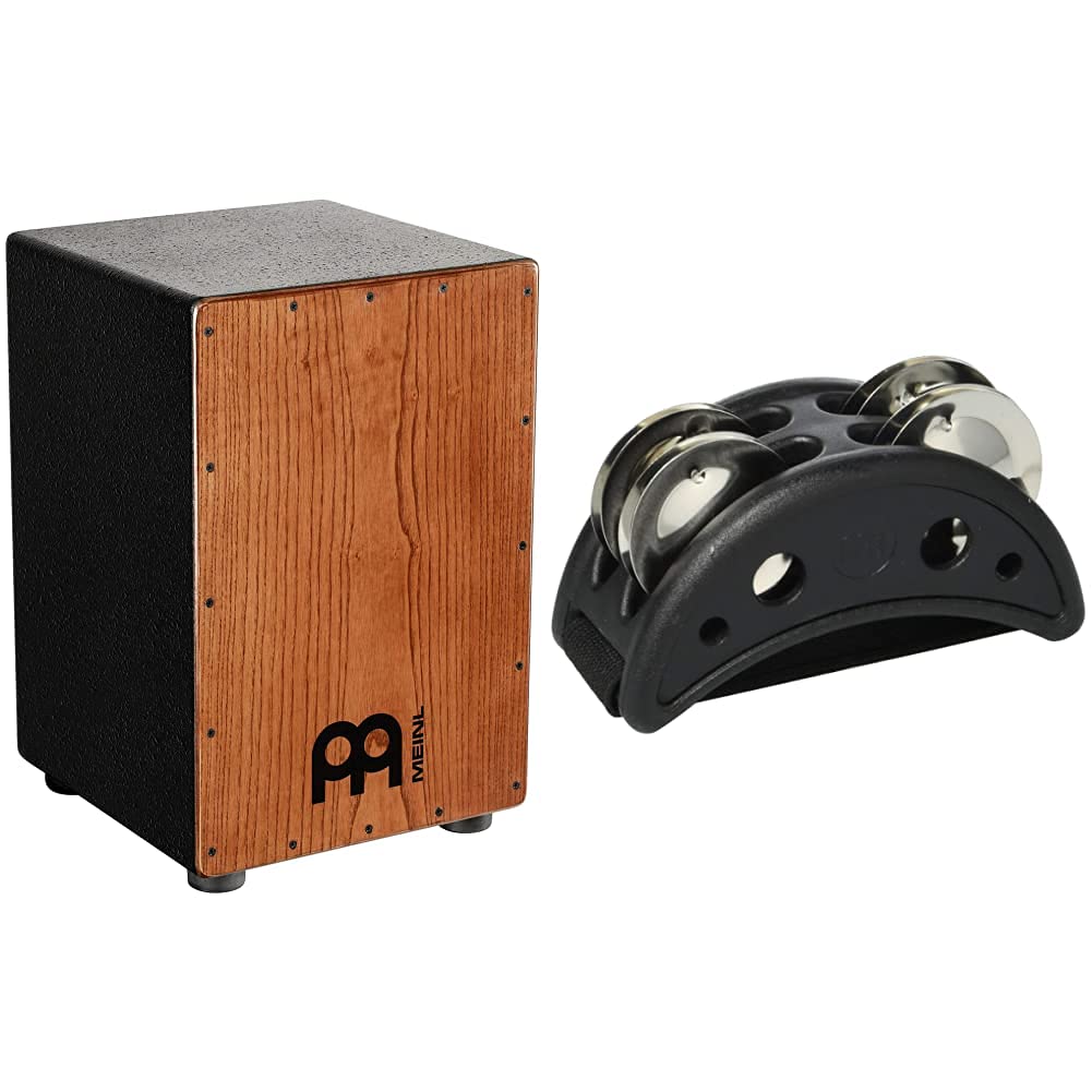 Meinl Cajon Rock/Pop - Box drum for beginners and advanced players - Snare effect with tunable steel strings (HCAJ1AWA) & CFJS2S-BK Foot Tambourine with Steel Jingles and MDF Frame, Black