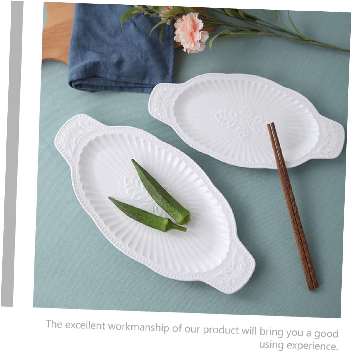 Ceramic Fish Plate with Double Handles Medium Serving Dish for Hot and Cold Meals Elegant White Design for Home and Restaurant Use