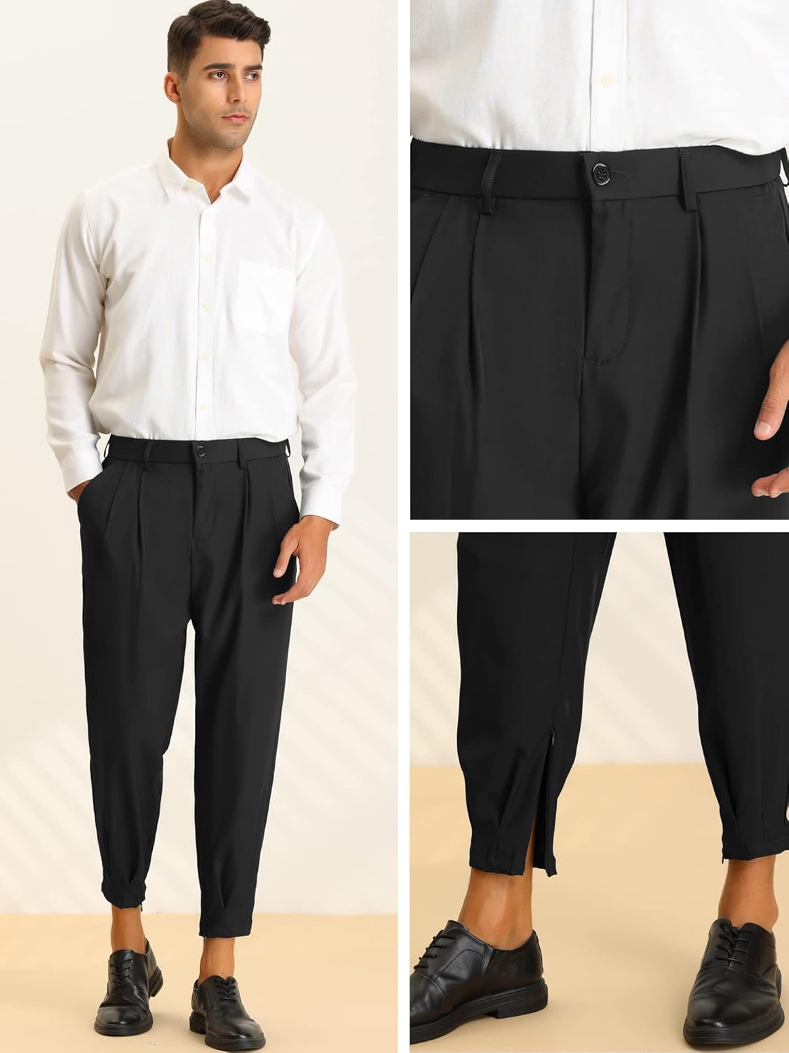 Lars Amadeus Cropped Pants for Men's Pleated Front Tapered Chino Pants Formal Dress Trousers