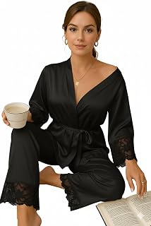 luvana Women's Satin Nightsuit with Lace Trim, Long Sleeve Robe and Pants Set Price In India