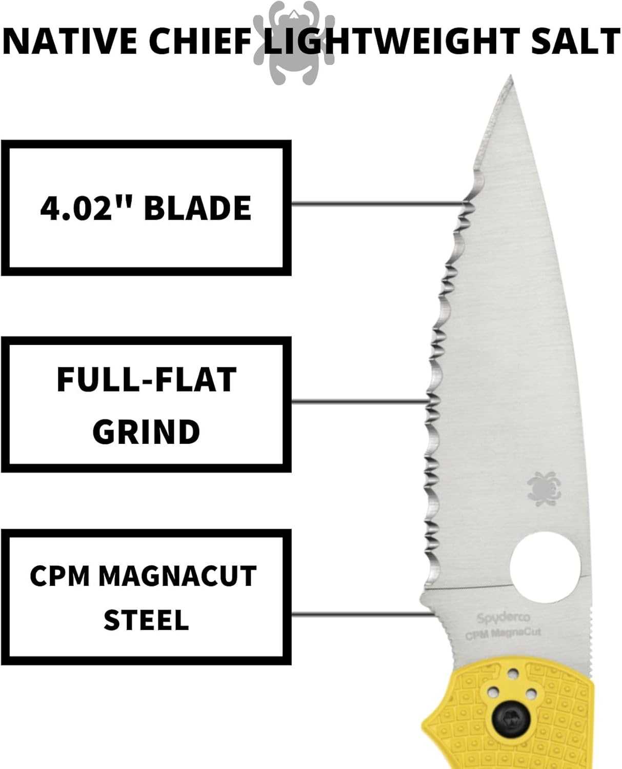 Spyderco Native Chief Lightweight Salt Folding Pocket Knife with 4" CPM MagnaCut Steel Blade and FRN Handle - EDC Knife for Men and Women, Perfect for Hunting, Tactical - SpyderEdge - C244SYL