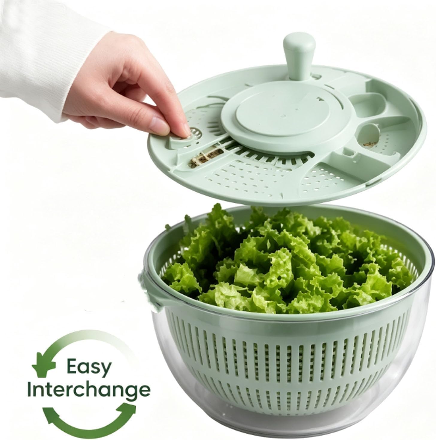Centrifugadora multifuncional 5 en 1 para ensaladas y preparación de verduras con 5 cuchillas, capacidad de 5 litros y funcionamiento manual.