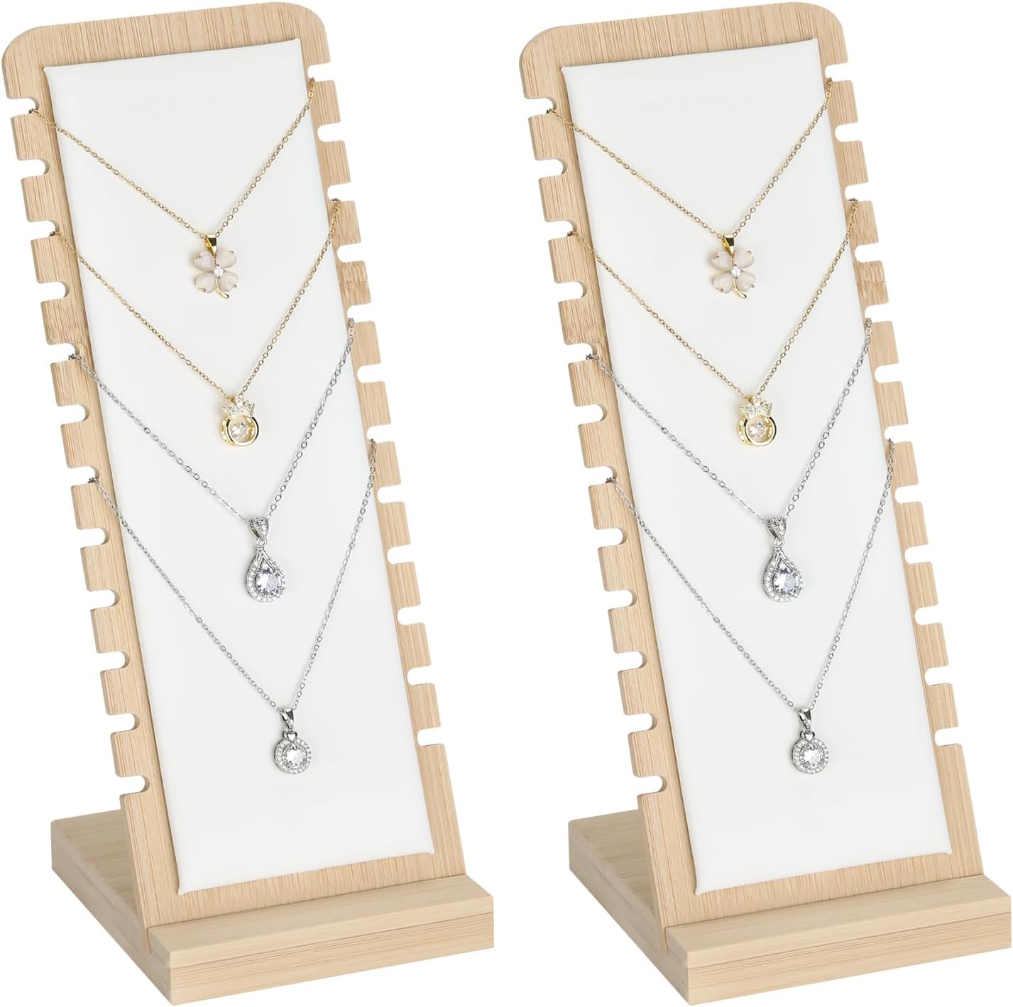 KUKUVR 2 Pcs Bamboo Necklace Display Stand, Velvet Soft Mat Multiple Jewelry Pendant Holder, Tabletop Necklace Bracelets Chain Organizer for Selling and Vendors Retail Use (White PU)