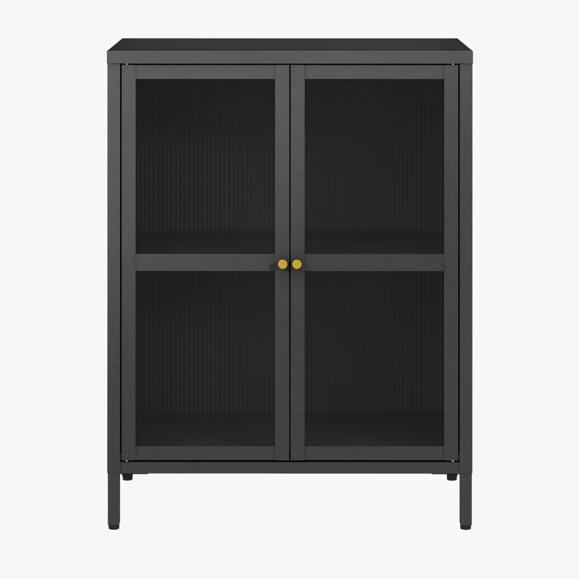 [en.casa] Comò con Ante in Vetro Scanalato Credenza in Acciaio per Soggiorno Mobile Vetrinetta con Scomparto Diviso 84x64x35 cm Nero