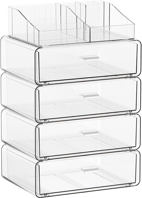 Organizador de maquiagem Yieach em acrílico transparente com 5 níveis, 4 gavetas e 12 compartimentos