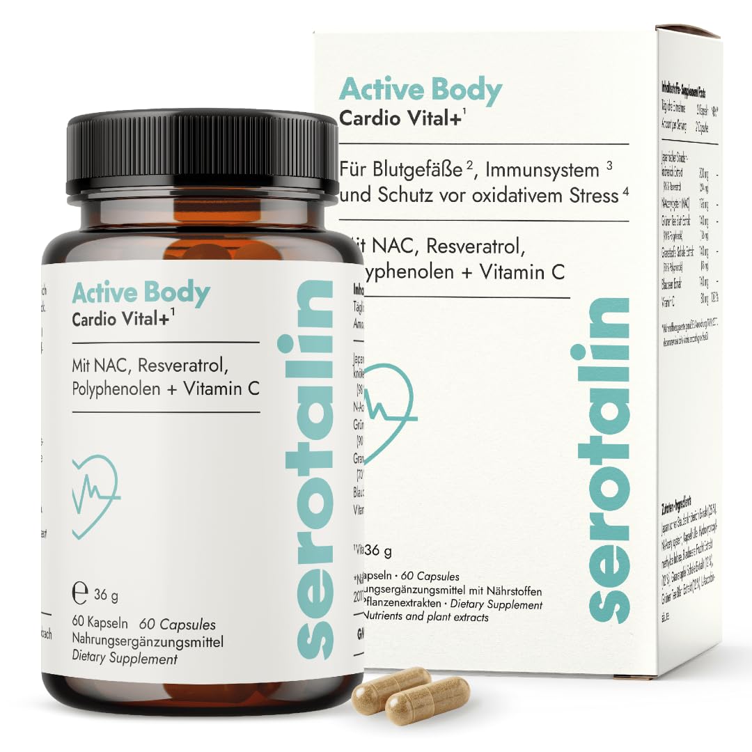 serotalin Active Body Cardio Vital+| Resveratrol hochdosiert mit NAC, Vitamin C & Polyphenole| 100% vegan & Made in Germany | 1 Monat | 60 Kapseln