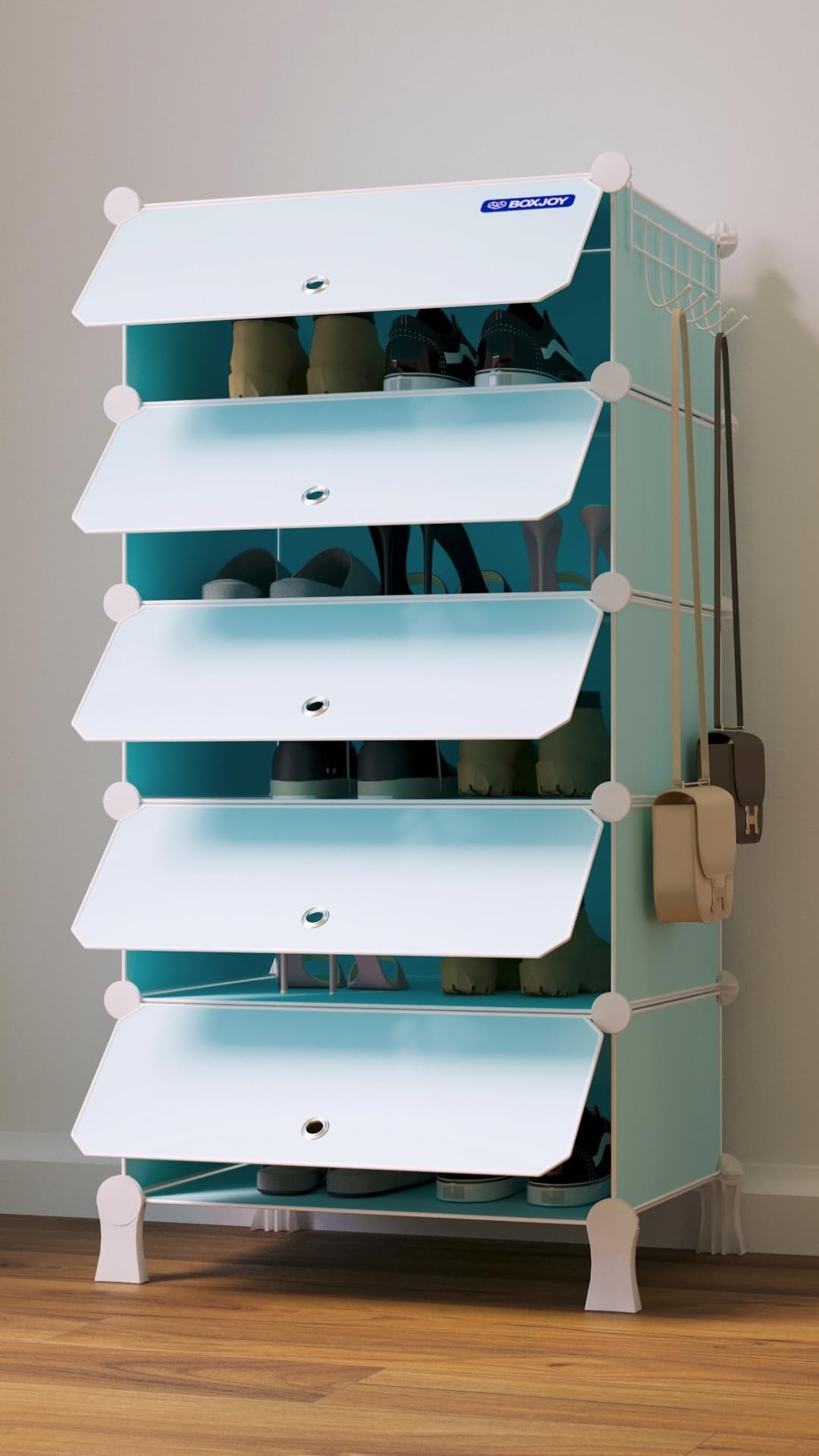 BOXJOY 5 Shelf Plastic Shoe Rack with 5 Doors & 5 Hook Steel Holder (Blue) | Shoes Stand Organiser with Feet, Metal Frame Door & Wooden Hammer for Home Storage to Cover Chappal Slipper Sandals