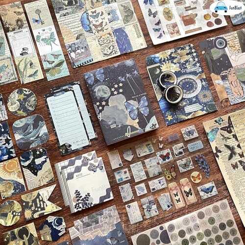 Image of FunBlast Cosmos Journal Kit, Aesthetic Scrapbooking Kit - 213 Pcs Vintage Junk Journal Supplies with Scrapbook Paper, Washi Stickers, A6 Grid Notebook, DIY Craft Journaling Gift (NavyBlue)