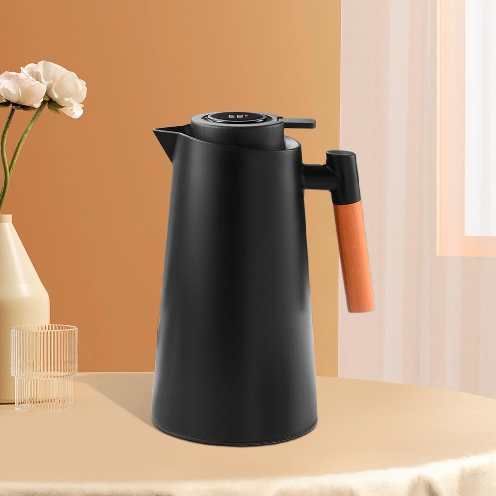 Thermos 1 l, thermos con indicatore di temperatura, teiera termica 12 ore, grande apertura, pulsante caffettiera, inserto igienico in vetro temperato per caffè
