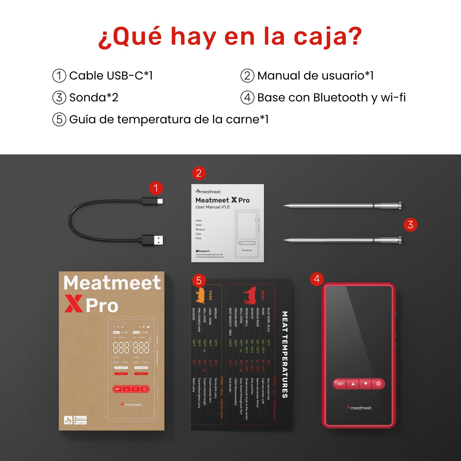 X Pro Termómetro para Carne con Bluetooth y WiFi, 2 Sondas 6 Sensores, Pantalla LED, IP69 Impermeable​, resistente al calor hasta 582°C, Termometro Carne para BBQ, Grill, Cocina, Asador