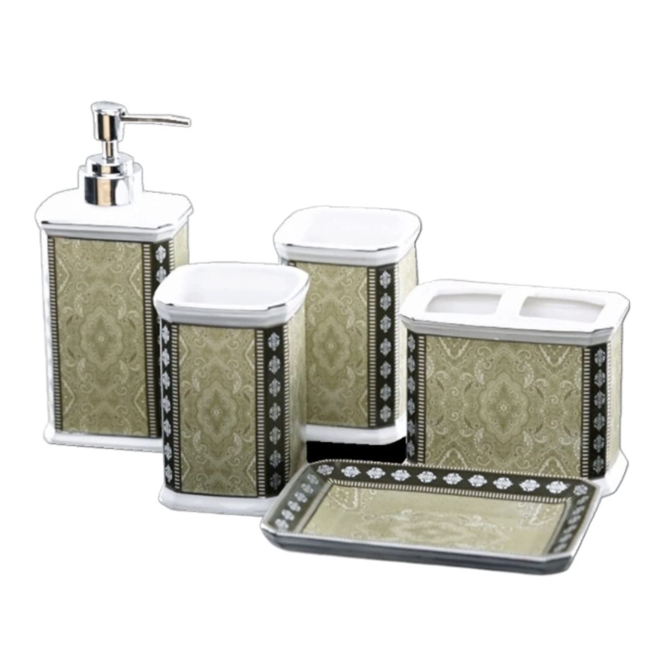 Dispensador Jabón Set Juego De Accesorios De Baño De 5 Uds., Juego De Cerámica, Cabeza Laminada De Borde Plateado De Plástico con Soporte para Cepillo De Dientes Baño Accesorios(Grün)
