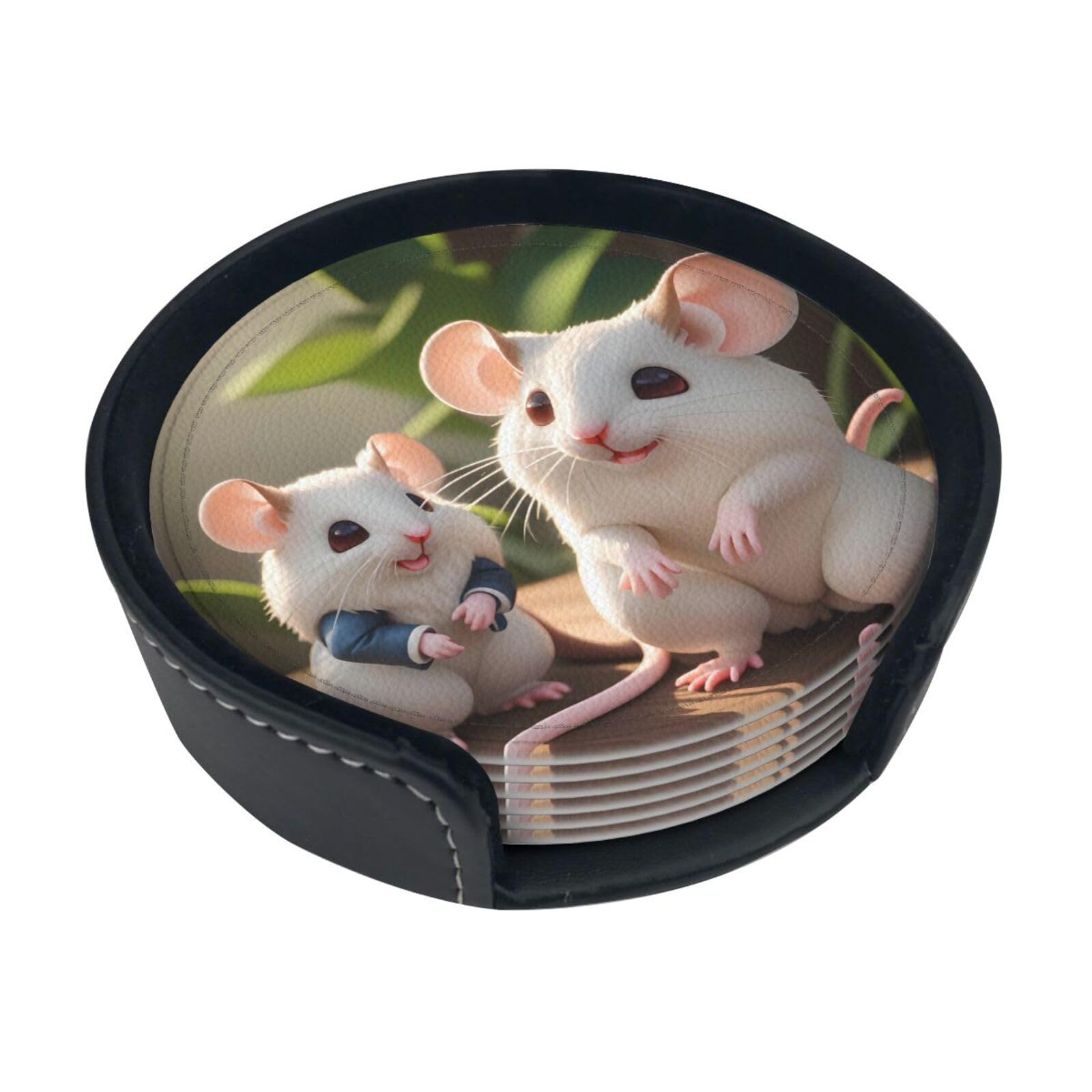 Mother and Child Rats Printed Coaster Set, with Holders, 6 Pieces. Suitable for Dining Tables, Kitchen Decor, and Coffee Tables.