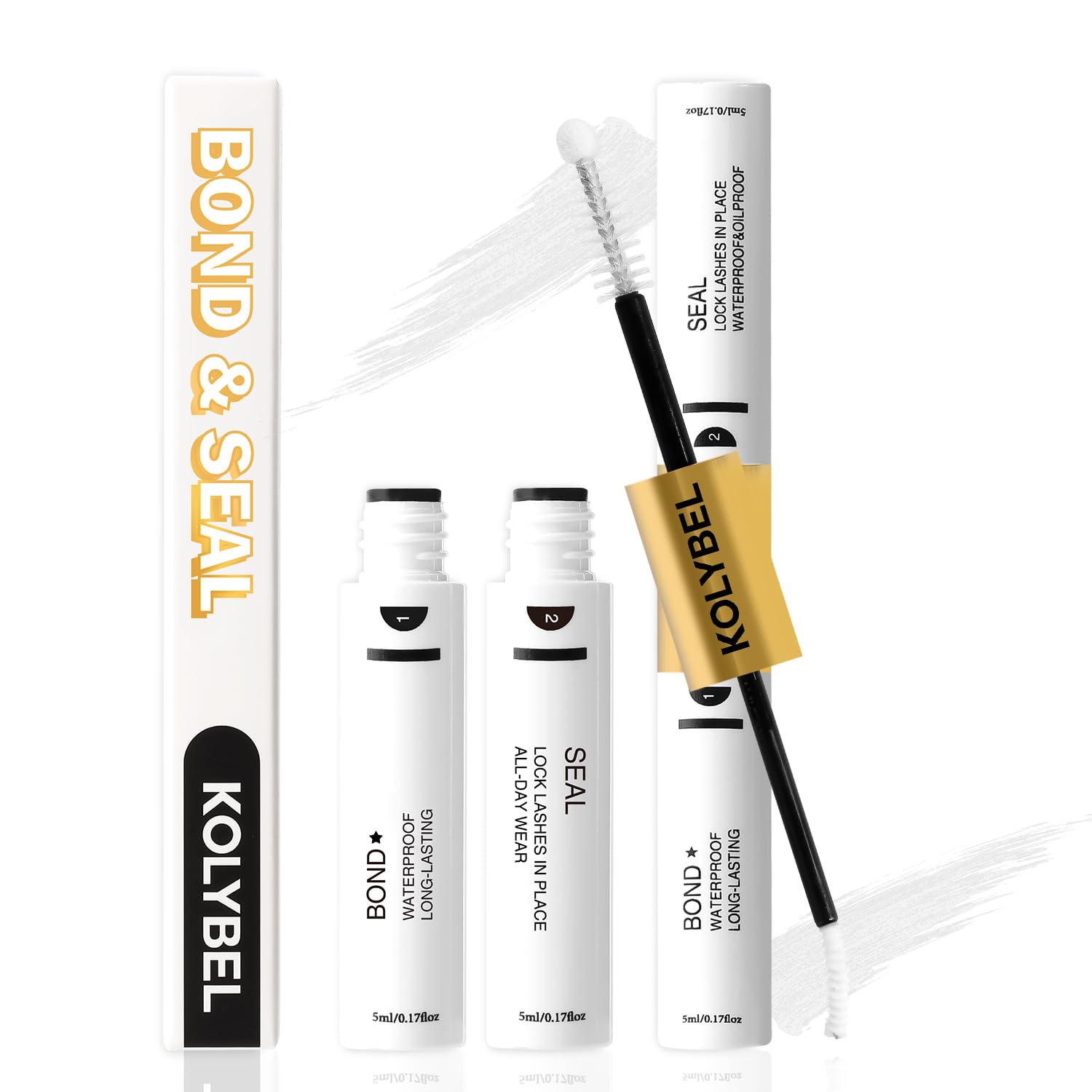 KOLYBEL Lash Bond and Seal and Lash Glue for Lash Clusters,2 in 1 Lash Bond and Seal Waterproof,Flexible Hold & Strong Eyelash Glue,5ml White Bond,5ml Clear Seal