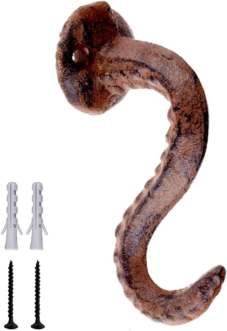 Brown Cast Iron Wall Hook Octopus Tentacle, Marine Themed Clothing Hook with Attachment Hardware.