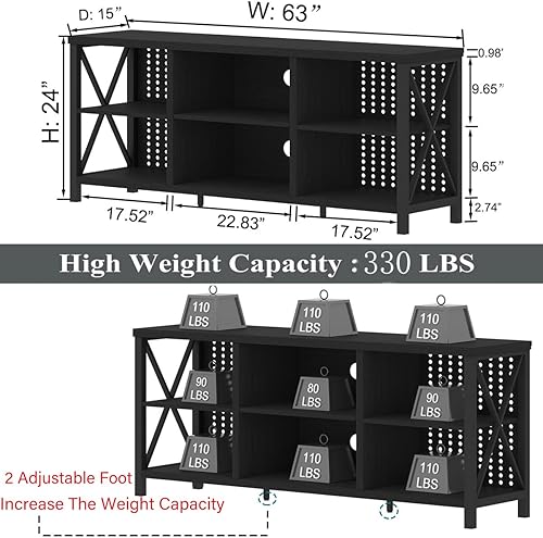Miniatura 11 de LVB Centro de entretenimiento rústico para TV de 65 pulgadas, soporte de TV industrial de madera y metal con estante de almacenamiento, mesa consola