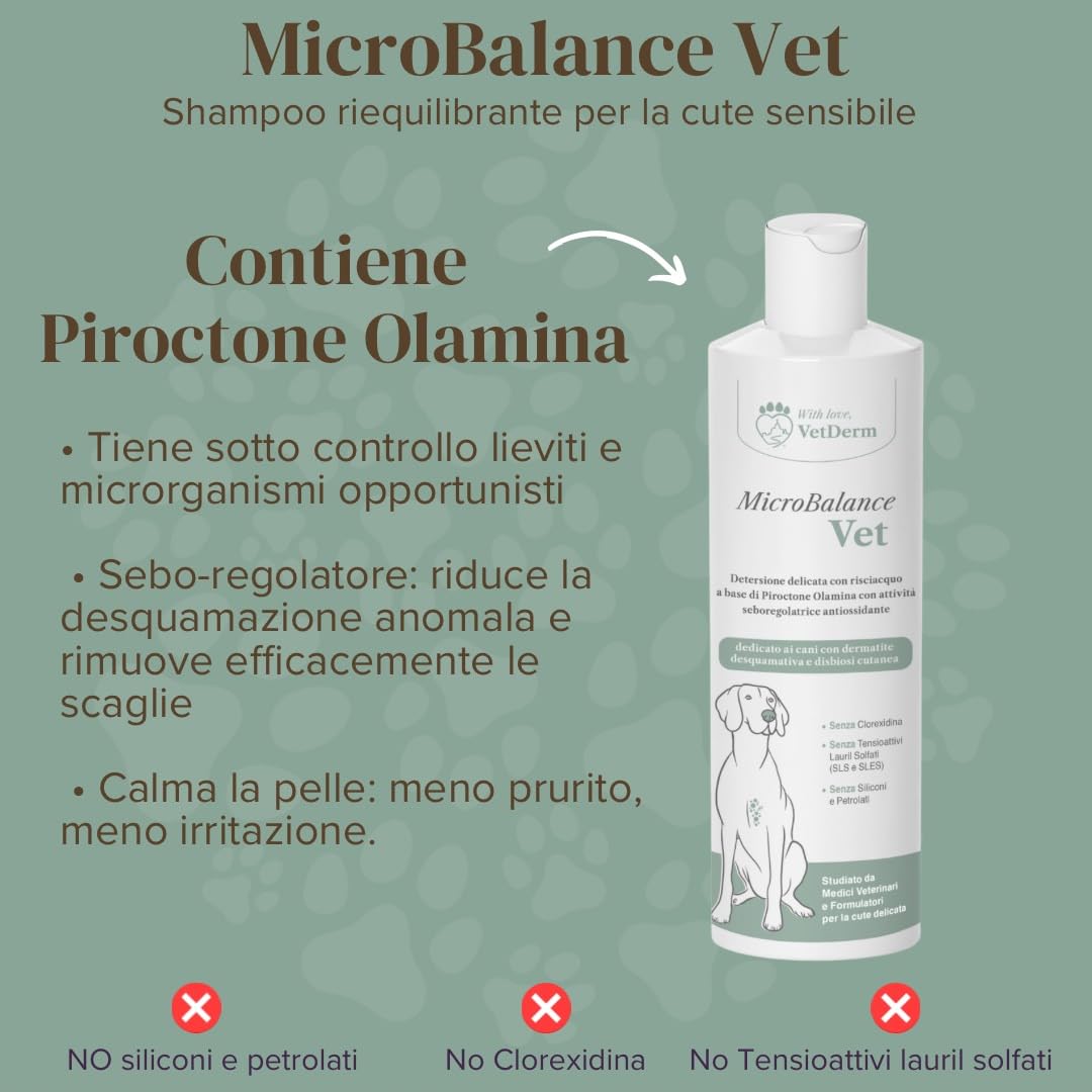 MicroBalance Vet - Shampoo per Cani con Dermatite Desquamativa - Per Cute con Sovrainfezione, Prurito e Cattivo Odore - Senza Alcol, Clorexidina, SLS/SLES e Siliconi - Per Tutte le Razze - 250ml