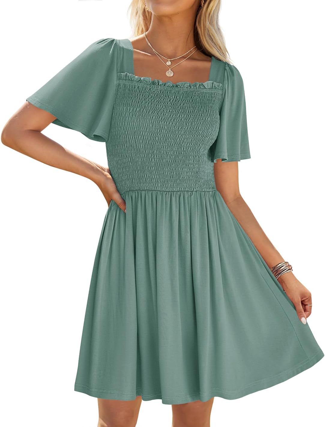 ZESICA Women's 2026 Summer Casual Mini Dress Flutter Short Sleeve Square Neck Smocked Tiered Ruffle Flowy Dresses