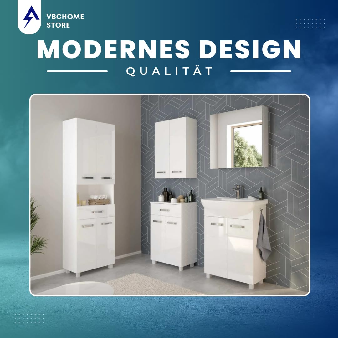 VBChome Badmöbel 66x44x84 cm Weiß Waschbecken mit Hahnloch Badezimmerschrank 2 Türen 1 Schublade Soft Close System Modern