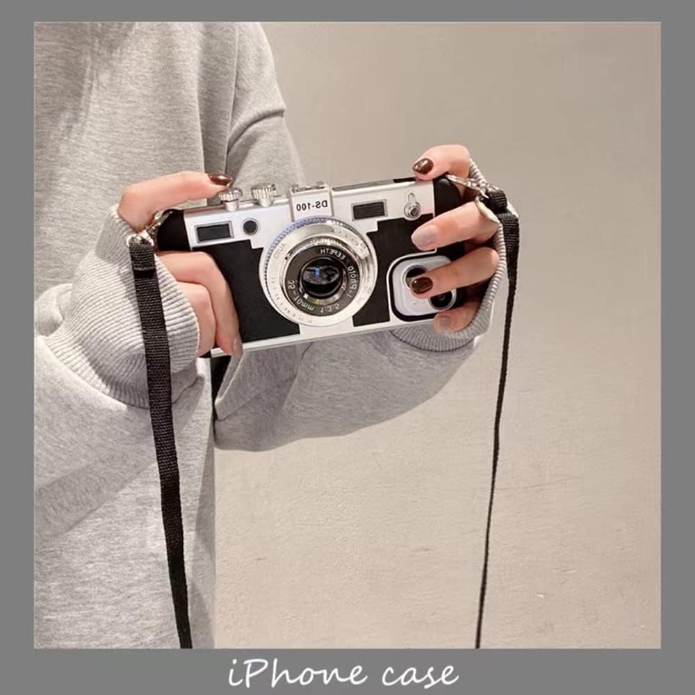UnnFiko Emily in Paris Phone Case for iPhone 17 Pro Max, Cute Camera Design, Vintage Cover Cute 3D Cool Unique Design Silicone Case with Removable Neck Strap Lanyard (Silver Black, iPhone 17 Pro Max)