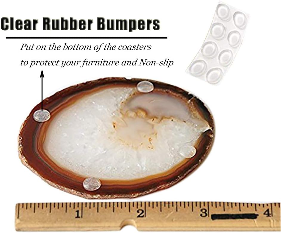Natural Agate Coasters Set of 4, Brown Geode Stone Slices 3-3.5'' for Drinks Coffee Wine, Unique Rock Crystal Tabletop Protection with Rubber Bumpers - Image 3
