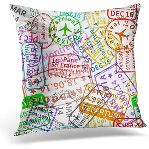 Awowee Cushion Cover 50x50cm/20x20inches City Many Bright Colorful Immigration Stamps on White Pattern Home Decor Throw Pillow Cover Square Pillowcase for Bed Sofa Cover