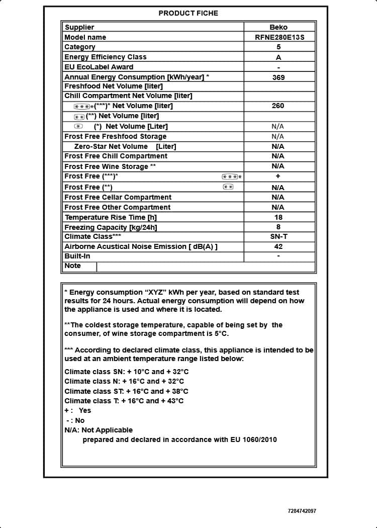 Product Fiche for Beko RFNE280E13S, detailing energy efficiency class A+, annual energy consumption, net volumes, climate class, and noise emission.