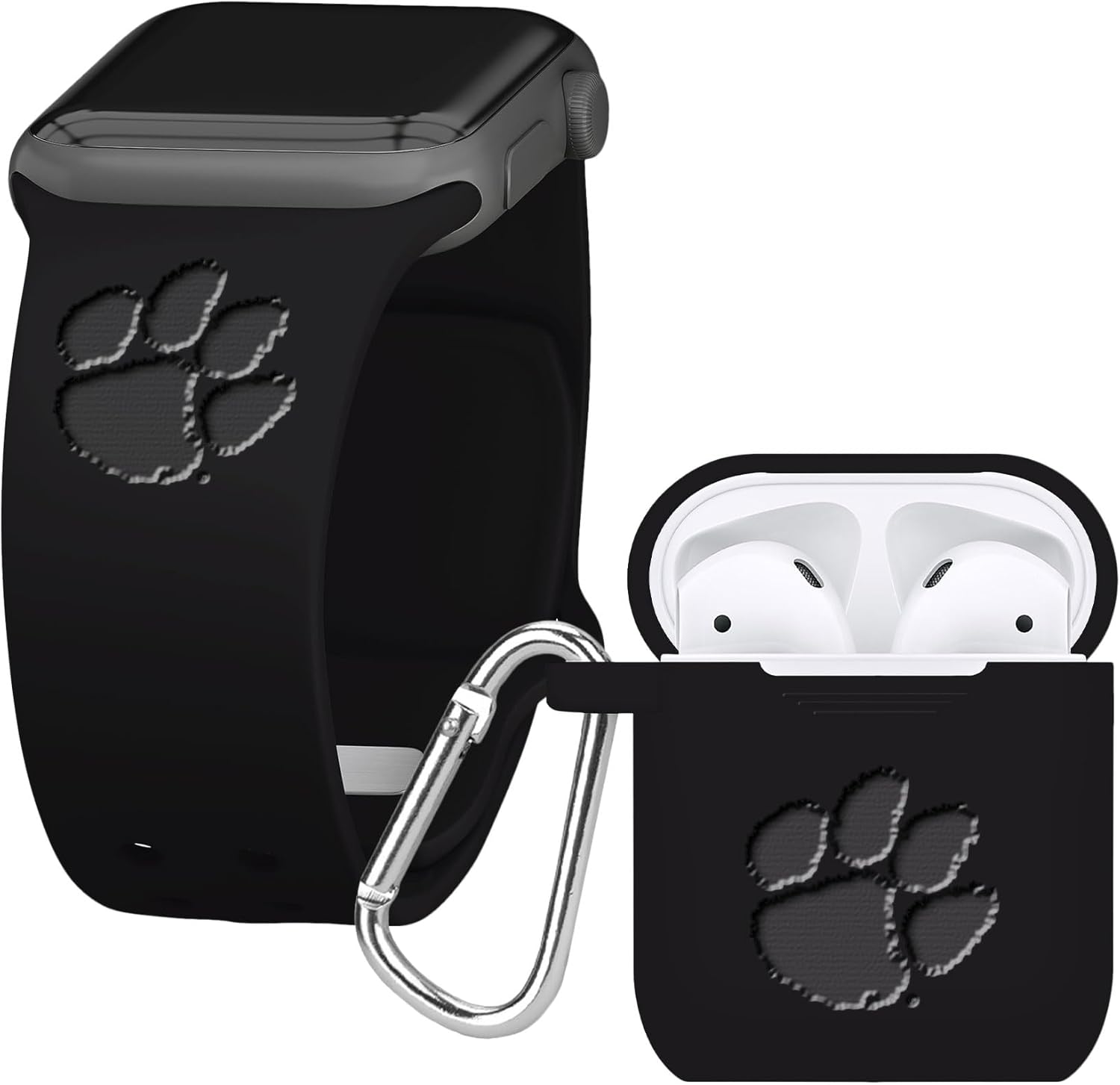 AFFINITY BANDS Clemson Tigers Engraved Silicone Combo Package Compatible with Apple Watch and AirPods Gen 1 & 2 (38/40/41mm (42mm Series 11) Black)