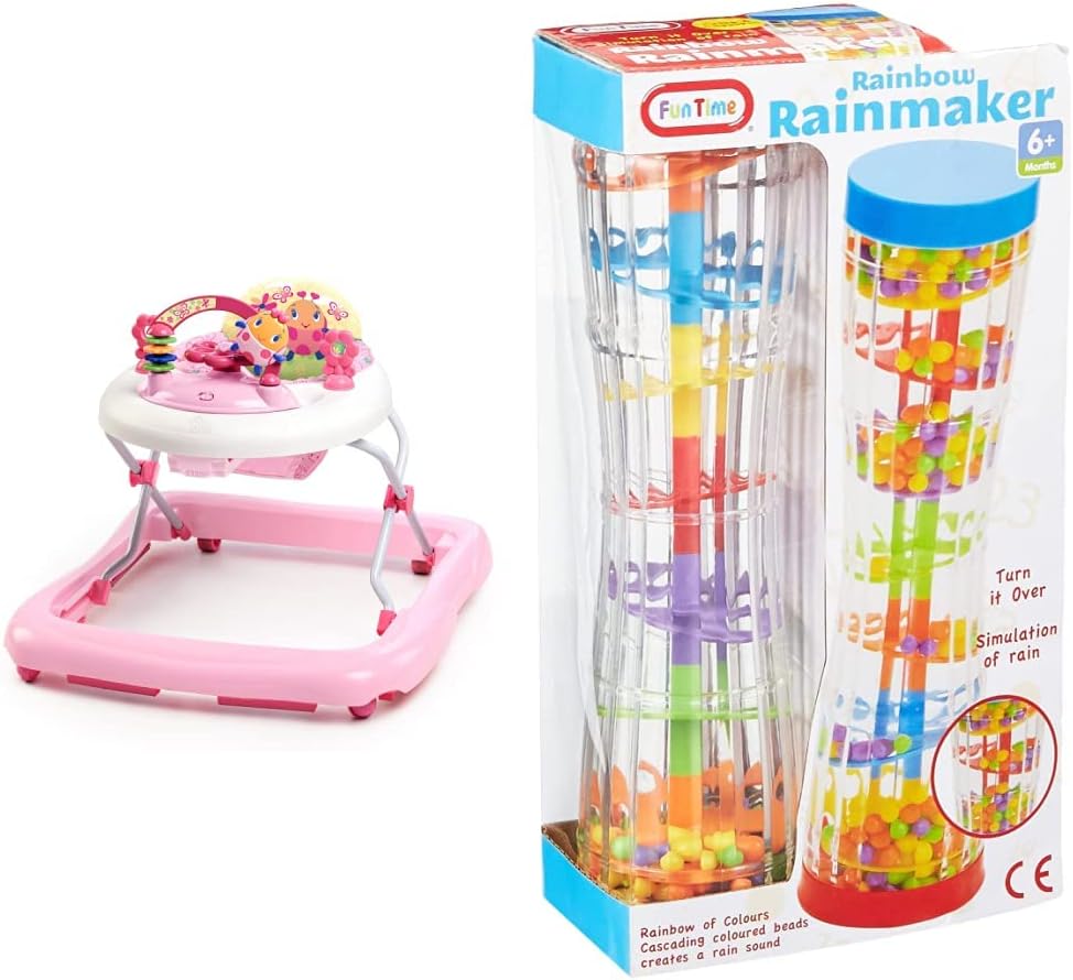 Bright Starts JuneBerry Walk-A-Bout Walker with Easy Fold Frame for Storage, Ages 6 Months + & Funtime 55914 Rainbow Rainmaker Toy,for 6 Months to 3 Years, 23cm