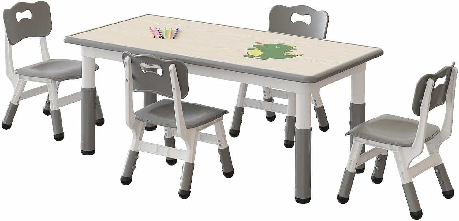Kids Table and Chair Set, Height Adjustable Toddler Table and 4 Chairs Set for Ages 2-10, Graffiti Desktop, Non-Slip Legs, Arts & Crafts Table, Children Activity Table for Daycare Classroom Home