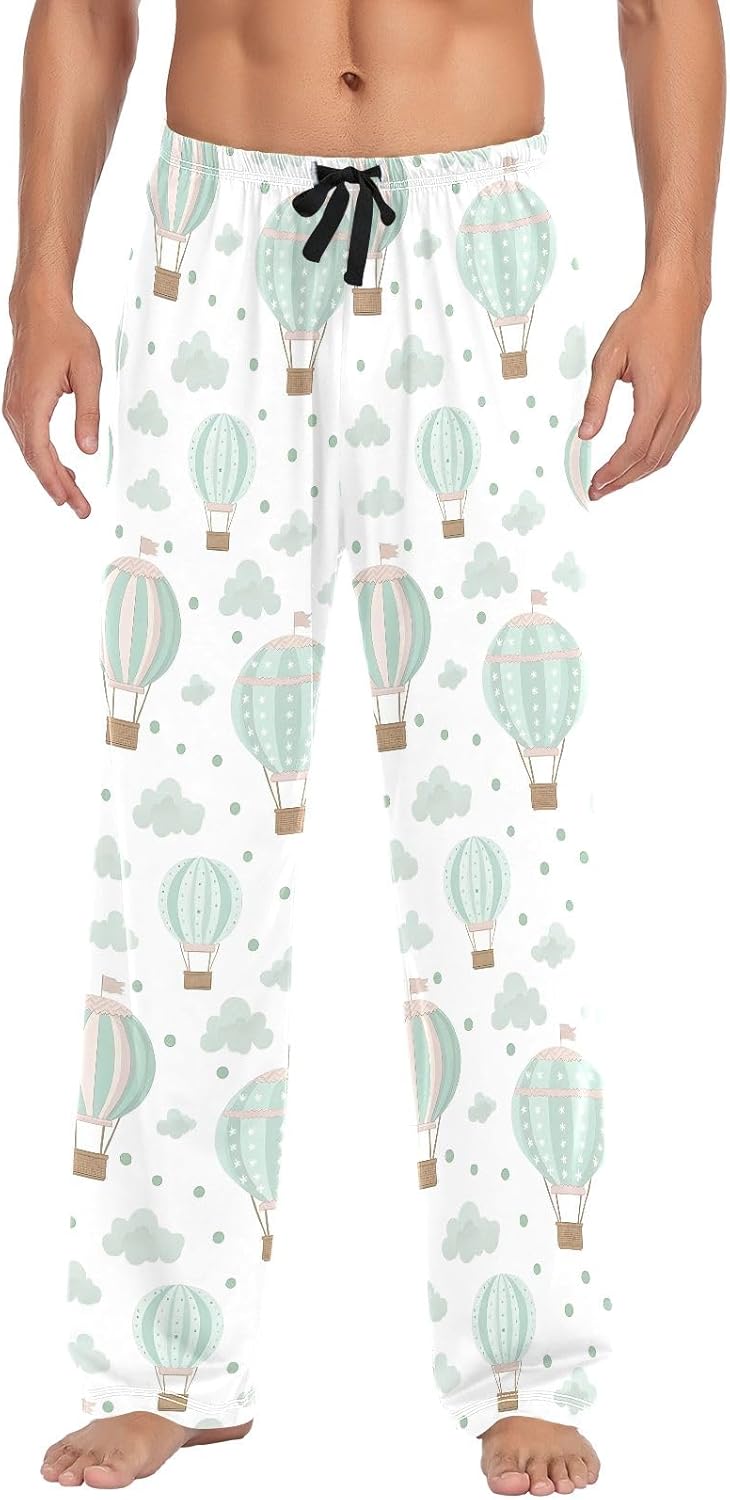 Men Pajama Pants Hot Air Balloon Clouds Pattern Lounge Comfortable Relaxed Sleepwear Bottom