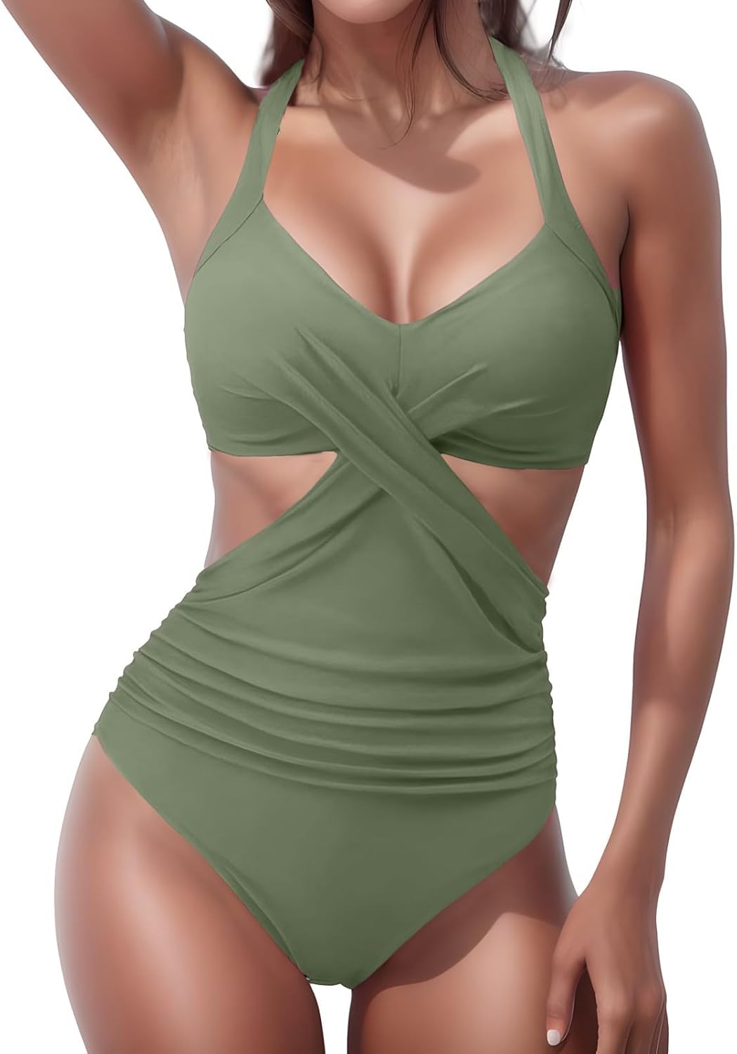 Women Front Cross Cutout One Piece Swimsuit Tummy Control High Waisted Monokini Bathing Suit