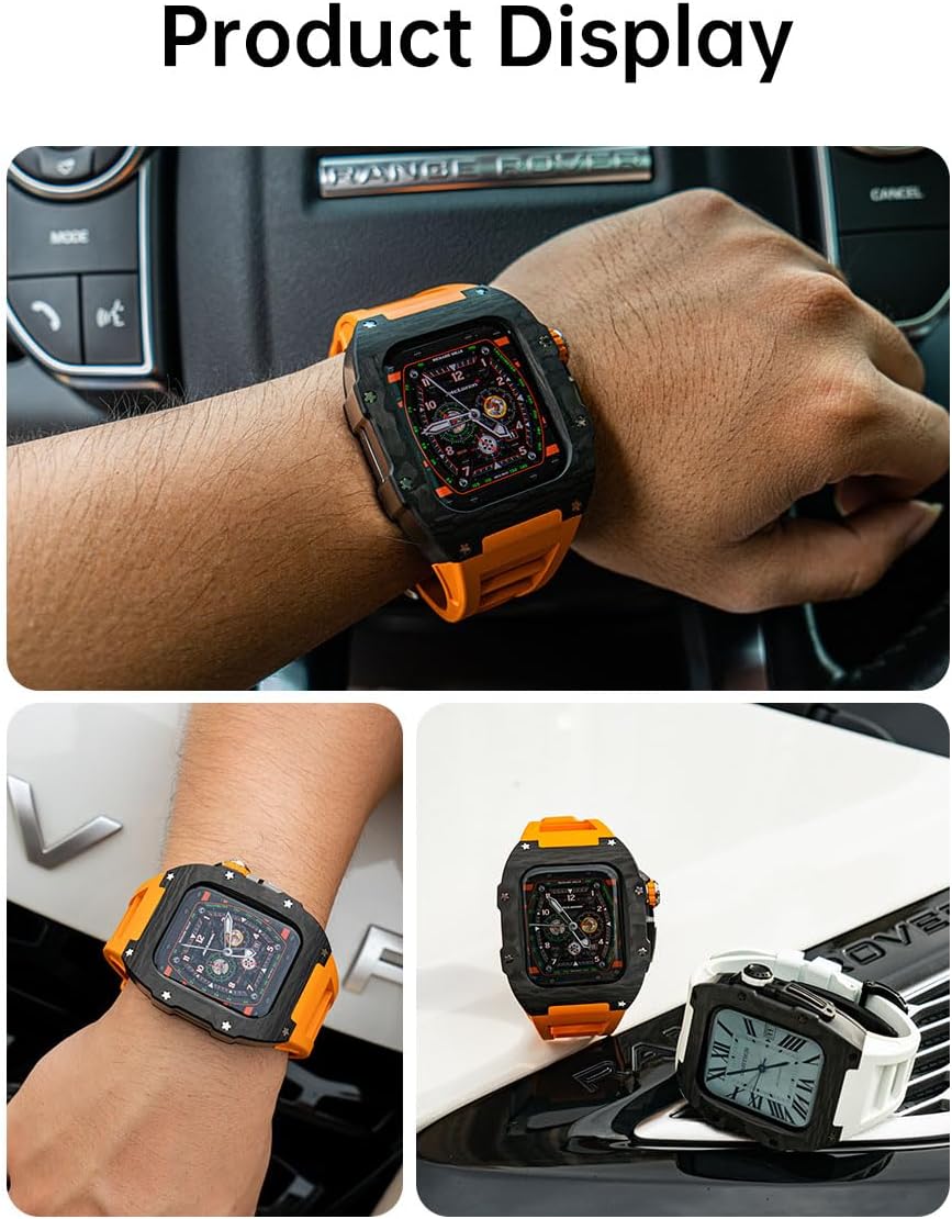 Luxury Carbon Fibre Watch Case Viton Strap,for Watch 6 SE 5 4 3 44mm,Luxury Set Heavy Protection (Color : Orange, Size : 3/4/5/6/se 7/8 45/44mm)