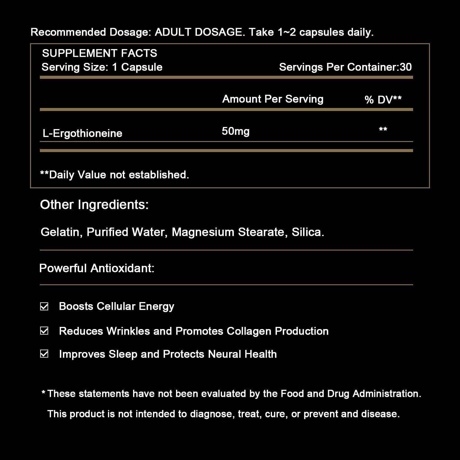 L-Ergothioneine 50mg of Ultra-Pure, Antioxidant Dietary Supplement, Cellular Health, Cognitive Health, Longevity, Gluten-Free, Vegetarian, Non-GMO