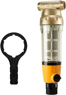 iSpring WSP100B Large Reusable Whole House Spin Down Sediment Water Filter with Built-in Housing Scraper and Brass Top Clear Housing, 100 Micron