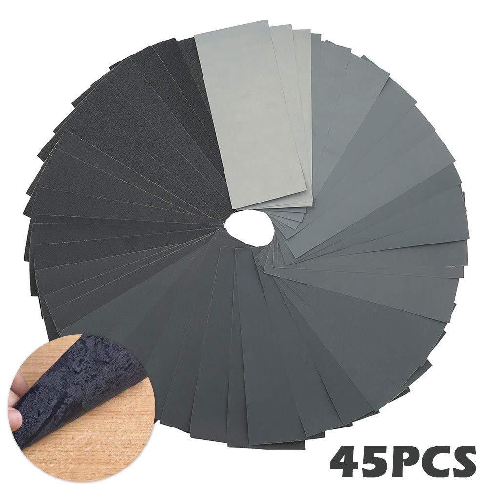 45 pièces papier abrasif sec humide 120 à 5000 grains assortiment feuilles de papier abrasif pour la finition de meubles en bois de ponçage automobile, comme le montrent