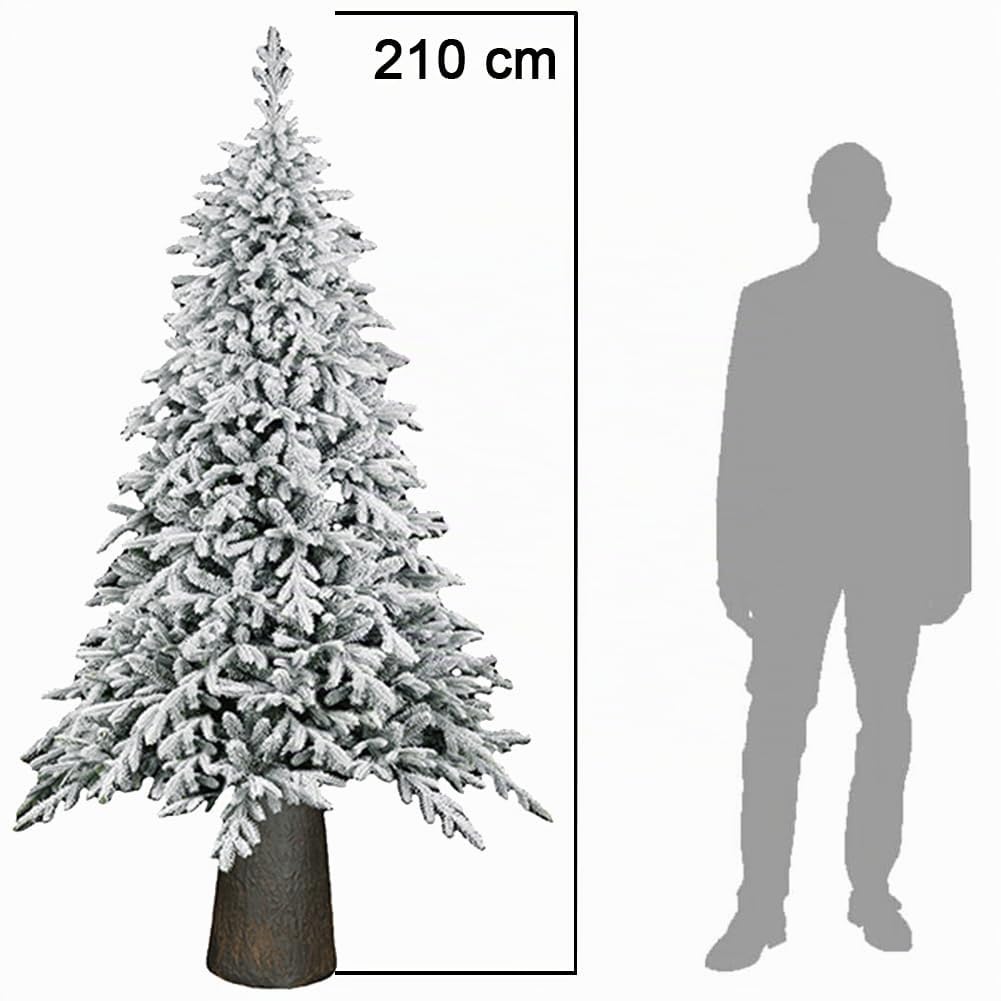 BAKAJI Albero di Natale Innevato Macao Bianco Foltissimo con Base in Resina Effetto Legno, Apertura Facile ad Ombrello, Decorazione Addobbo Natalizio in PVC Altissima Qualità Folto Realistico (210 cm)